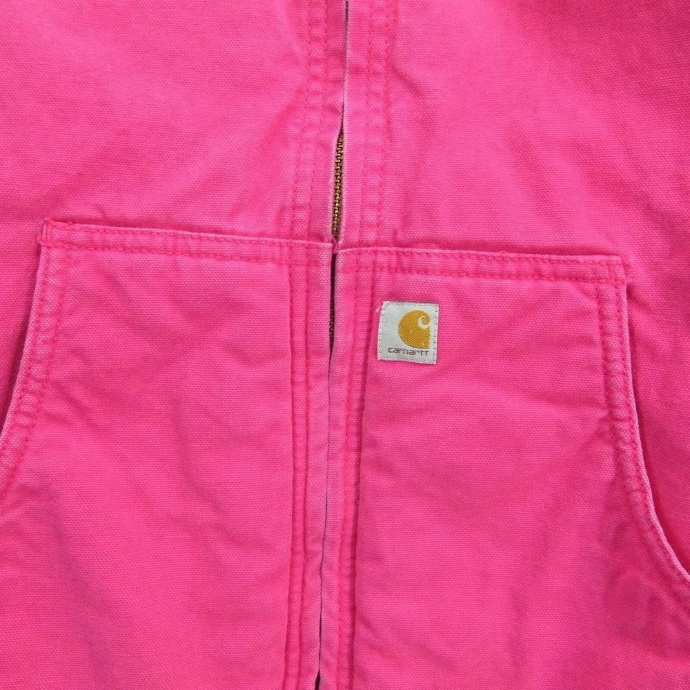 Carhartt Duck Canvas Jacket Girls Large 14 Pink hooded Sherpa Lined Zip Chore